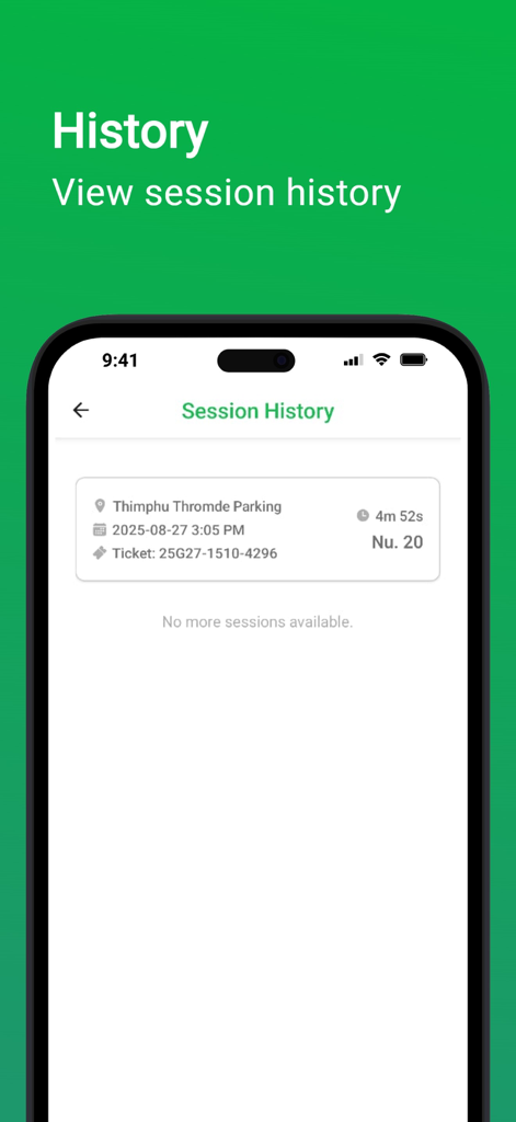 Parking.bt - Interface of the Parking.bt mobile app showing the session history screen with details of a previous parking ticket