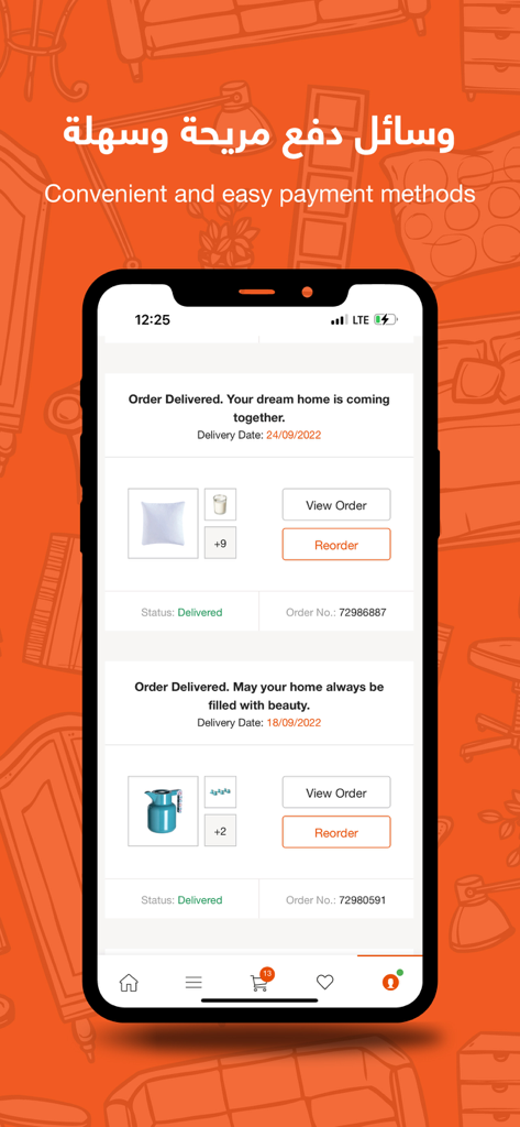 ABYAT app screen showing convenient payment methods and order delivery status for home furnishings