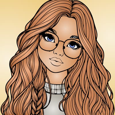 girl with long hair and freckles and glasses realistic