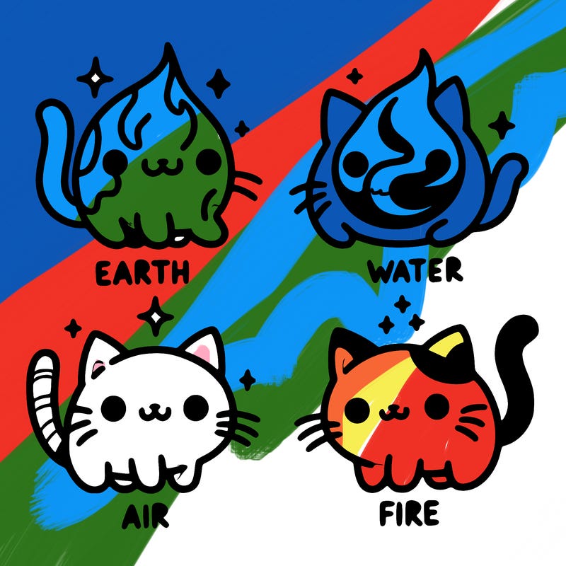 4 cats that represent the different elements, earth, water, air, and fire