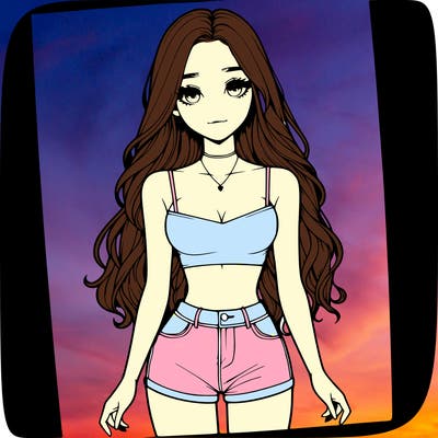 a realistic girl with long hair and in a crop top and shprts