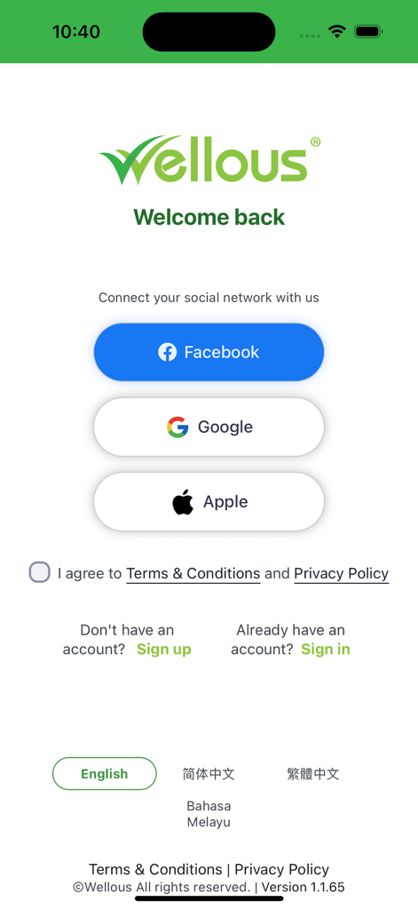 WellFam - Login screen for WellFam app with Facebook Google and Apple sign in options