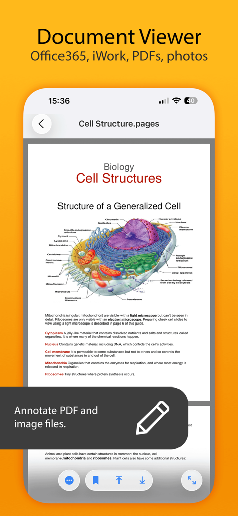 Mobile app screen showing a biology document on cell structure with annotation tools.