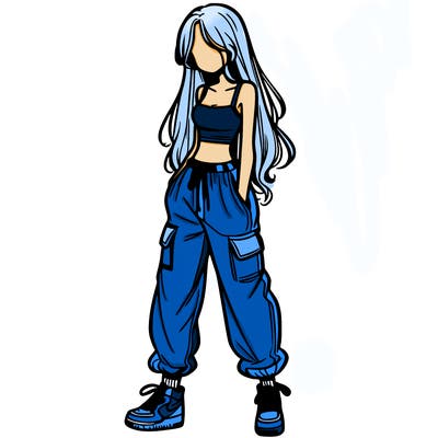 girl in baggy pants crop top and long hair