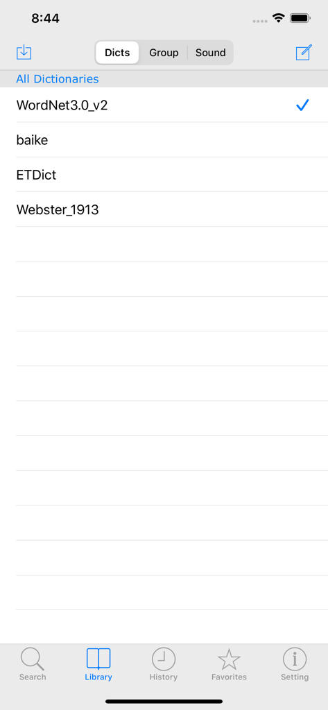 MDict - MDict mobile app library screen showing a list of installed dictionaries