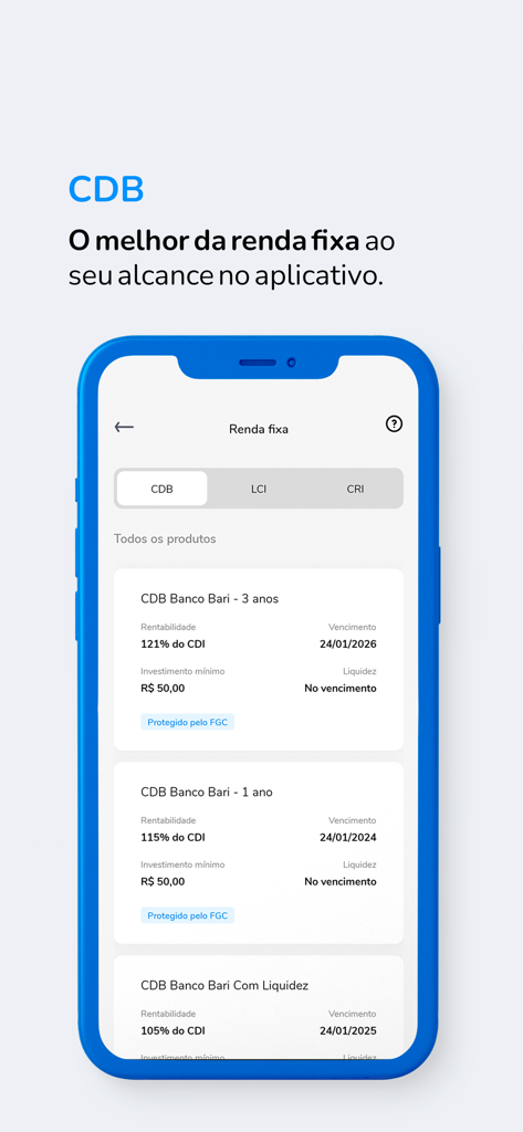 Banco Bari - Tela do aplicativo móvel Banco Bari exibindo opções de investimento em renda fixa brasileira, como CDB