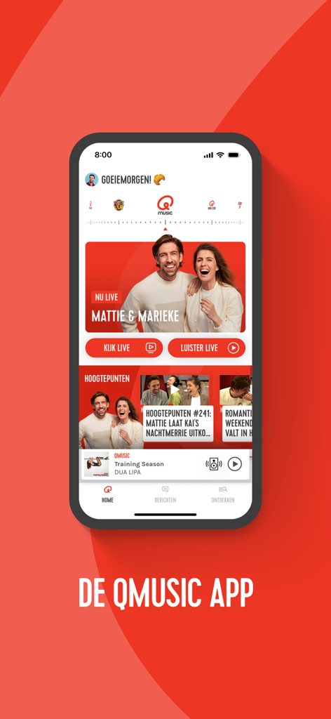 Pantalla de inicio de la aplicación Qmusic que muestra transmisión de radio y video en vivo con los DJs neerlandeses Mattie y Marieke