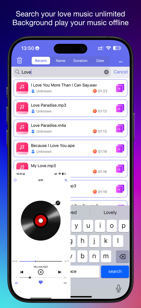 Musix - Music Player Offline - A mobile interface for the Musix app showing a search results list of offline music files and a playback mini-player with a vinyl record icon.
