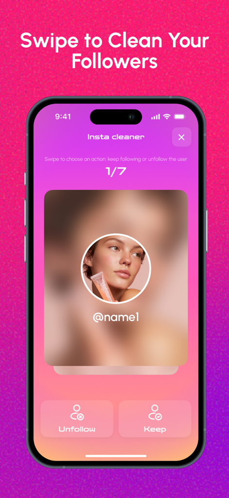 Ferramenta de gerenciamento de seguidores do Instagram com uma interface de deslizar para manter ou deixar de seguir perfis.