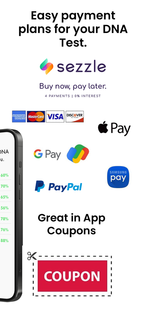 Find out if you are related - A mobile app screen showing various payment methods and coupon offers for DNA testing services.