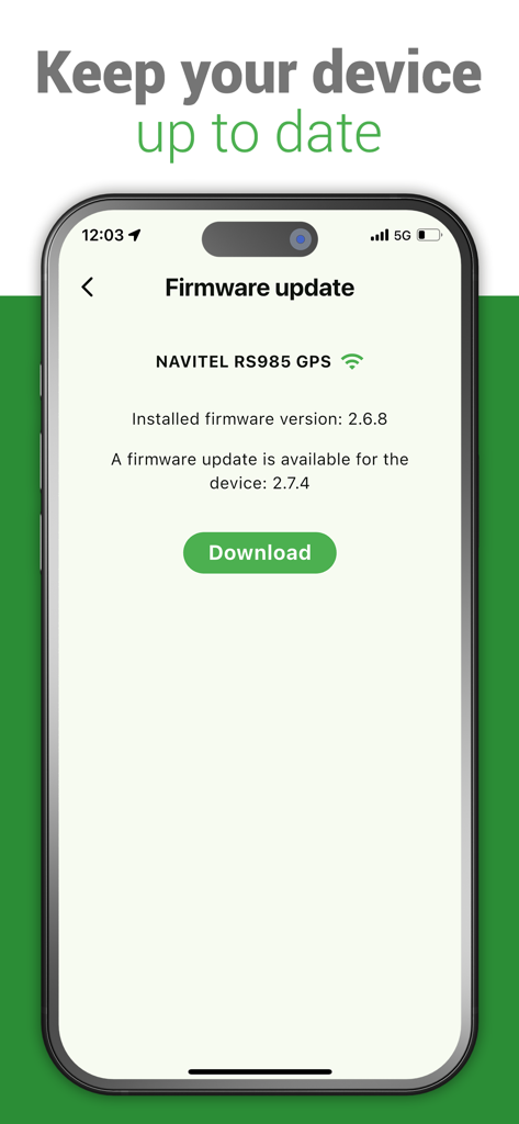 Navitel  DVR Center - Smartphone screen showing a firmware update available for a Navitel dashcam