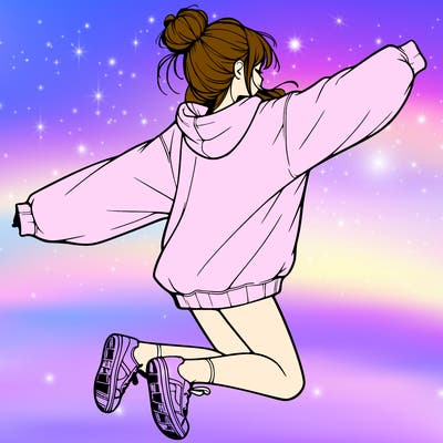 realistic girl jumping with a bun and oversized sweatshirt