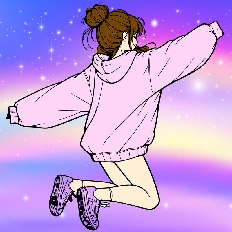 realistic girl jumping with a bun and oversized sweatshirt