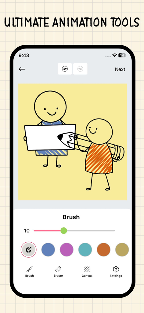 Interface do aplicativo móvel Pencil 2D mostrando ferramentas de desenho e uma animação simples de personagem em uma tela amarela