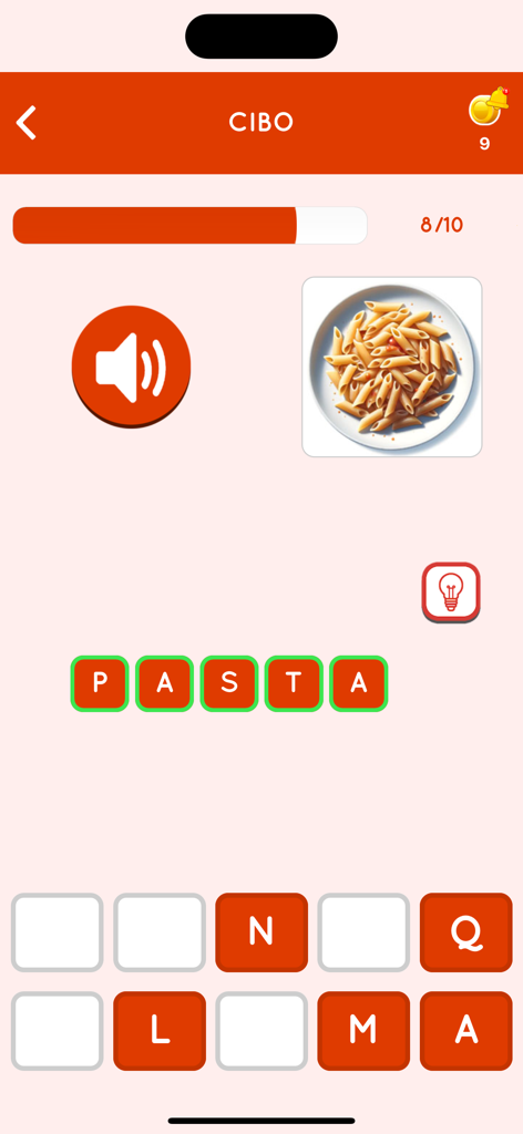 Learn Italian beginners - Italian language learning app interface showing a pasta spelling game in the food category