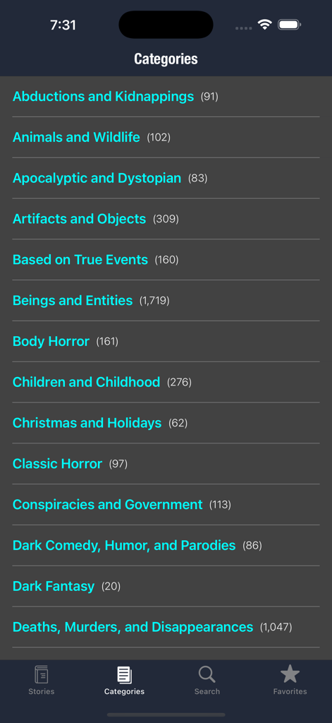 Creepypasta Stories - A list of scary story categories within the Creepypasta Stories mobile app