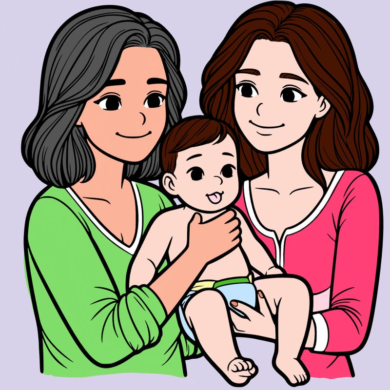 two realistic women holding one baby together