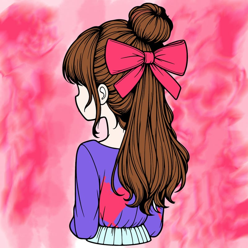 realistic girl  with hip length hair a bun and a big bow on the back of head