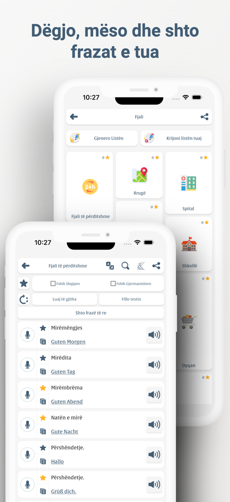 Interfaz de la aplicación Aprende Alemán que muestra una lista de saludos comunes en alemán con traducciones al albanés y opciones de reproducción de audio.