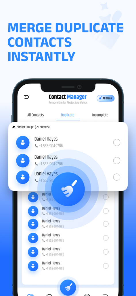 AI Phone Storage Cleaner app interface showing the contact manager feature for merging duplicate contacts instantly