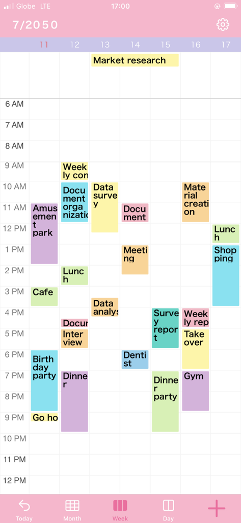 A weekly view of the N Calendar app featuring color coded appointments and a minimalist pink theme