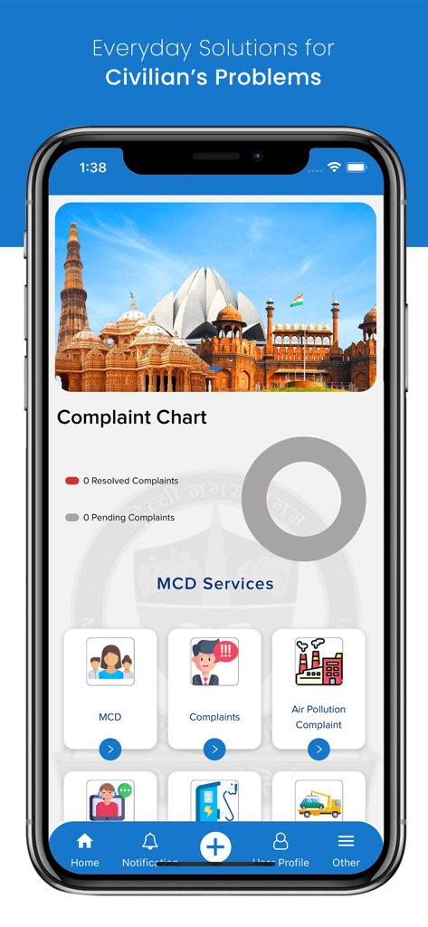 MCD-311 app dashboard featuring civic services and a complaint status chart