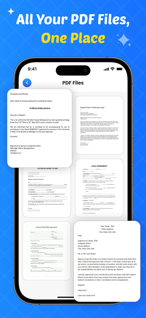 iPhone screen showing a collection of PDF documents and legal templates in the app library.
