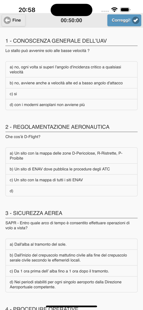 Quiz Droni A1-A3 - Uno screenshot dell'app Quiz Droni A1-A3 che mostra una serie di domande d'esame a scelta multipla per la certificazione di pilota di droni.