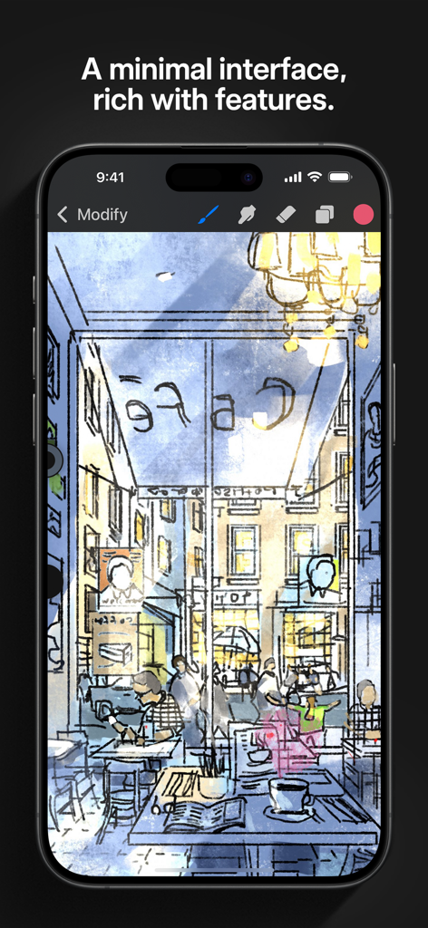 Croquis numérique d'un café animé réalisé sur iPhone à l'aide de l'interface minimaliste de Procreate Pocket.