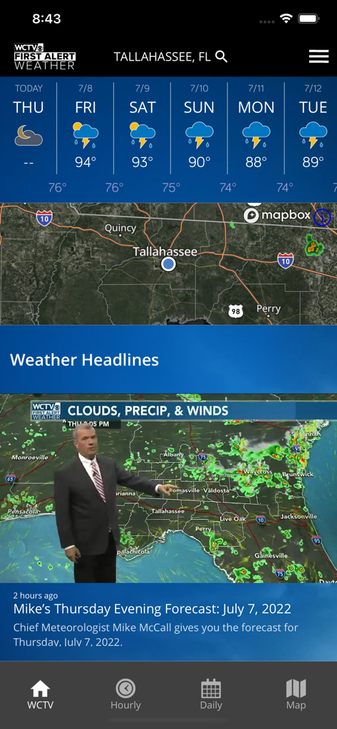 WCTV First Alert Weather app interface showing the Tallahassee weekly forecast and a local video weather update