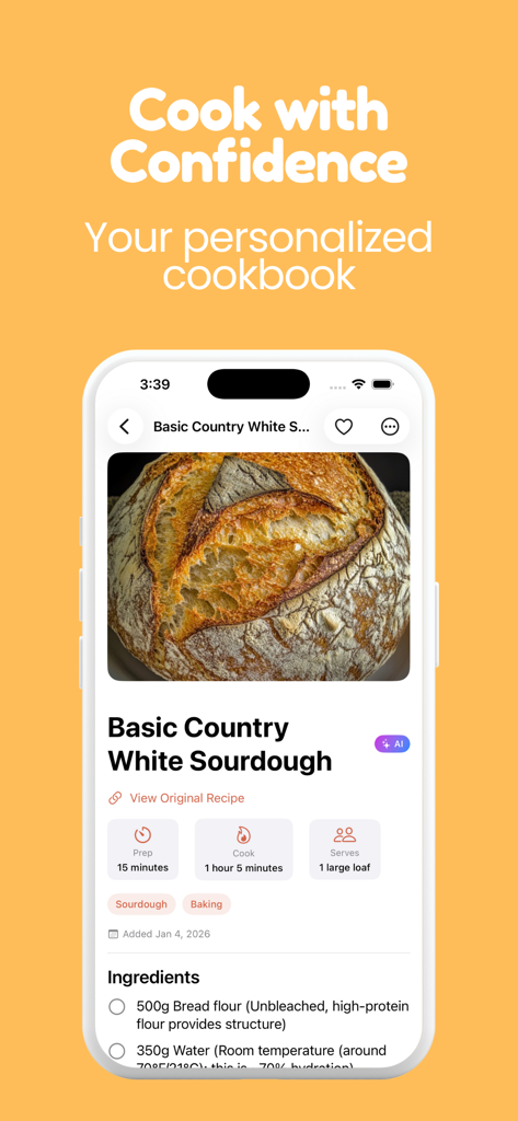 Recipe Organizer: AI Cookbook - モバイルアプリのスクリーンショットに、材料と調理時間を含む詳細なサワードブレッドのレシピが表示されています