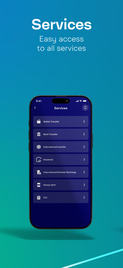 Mobily Pay app services menu with options for international and bank transfers
