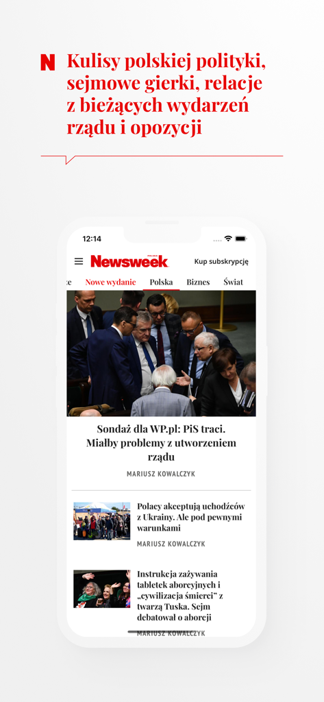 Newsweek Polska - Smartphone screen displaying the Newsweek Polska app with articles about Polish politics and current news