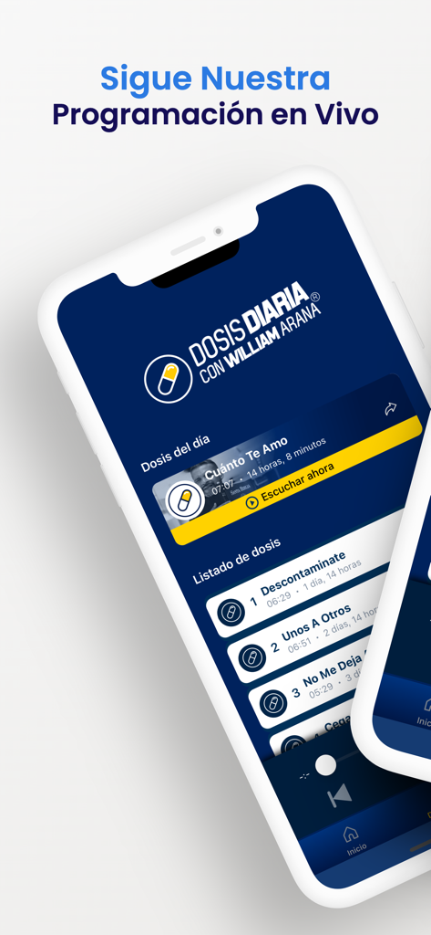 Dosis Diaria - Interfaz de la app Dosis Diaria mostrando devocionales de audio espirituales y programación de radio en vivo