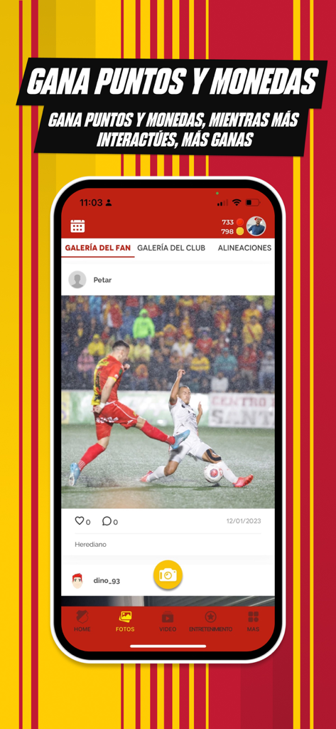 CS Herediano - Tela da galeria de fãs do app CS Herediano exibindo uma foto de partida de futebol e sistema de pontos de recompensa