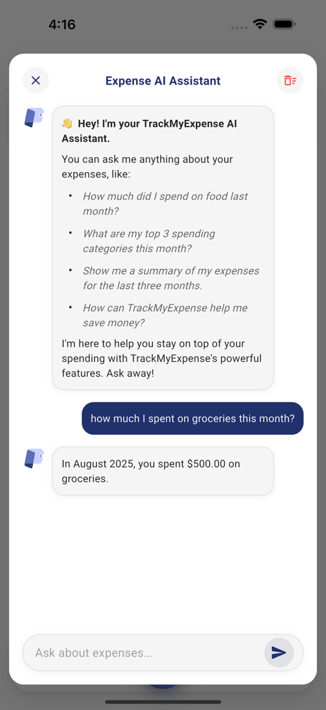 TrackMyExpense - AI financial assistant interface in TrackMyExpense app showing spending insights through a chat conversation