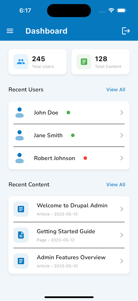 Drupal Admin - Drupal Admin mobile app dashboard showing total users total content and recent activity