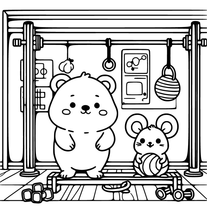 cute bear and mouse in a gym