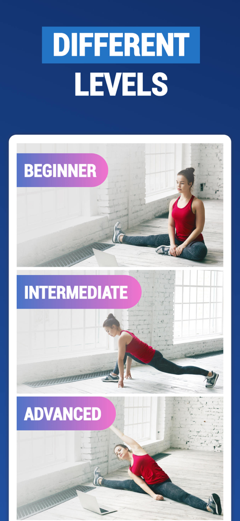 Tres paneles verticales mostrando a una mujer demostrando estiramientos de flexibilidad para principiantes, intermedios y avanzados para el entrenamiento de splits