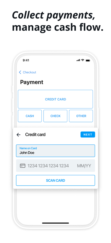 Housecall Pro: Field Service - Housecall Pro field service app checkout screen showing credit card payment options