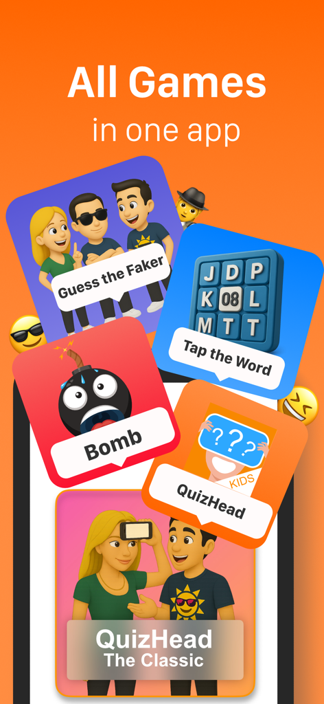 Vista general de múltiples modos de juego de fiesta disponibles en la aplicación QuizHead