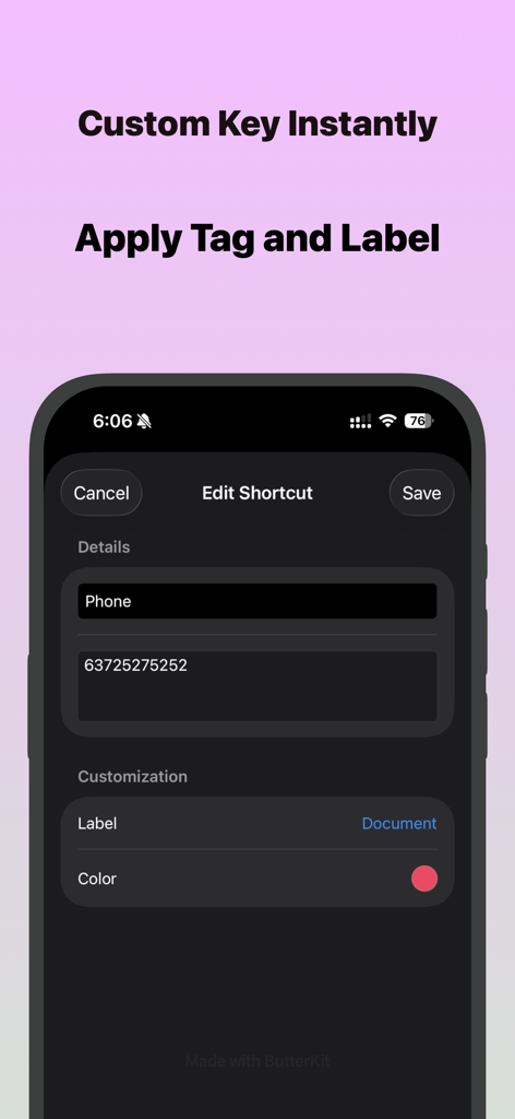 Interfaz para editar fragmentos de texto y agregar etiquetas personalizadas en la aplicación Keyboard Clipboard.