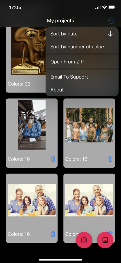 Paint By Number Creator - The My Projects screen in the Paint By Number Creator app displaying custom painting patterns from personal photos
