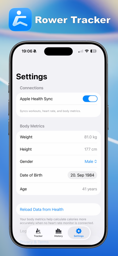 Rower Tracker - Settings screen of the Rower Tracker app showing Apple Health sync toggle and body metrics like weight and height.