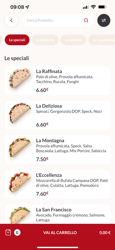 Pantalla del menú de la app LA Piadineria mostrando una lista de bocadillos de piadina especiales con precios e ingredientes