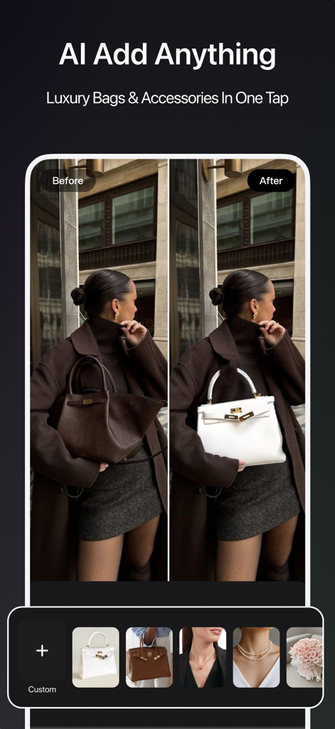 Before and after comparison of the AI Add feature replacing a brown handbag with a white luxury bag
