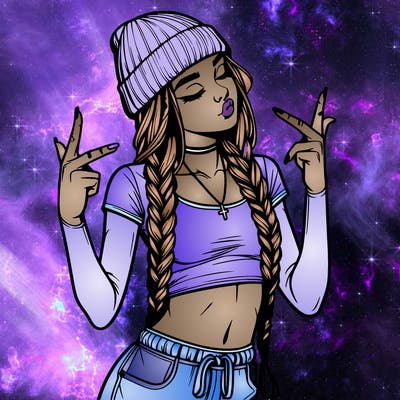 realistic teenage girl with braids and a beanie and crop top doing 🫶🏼