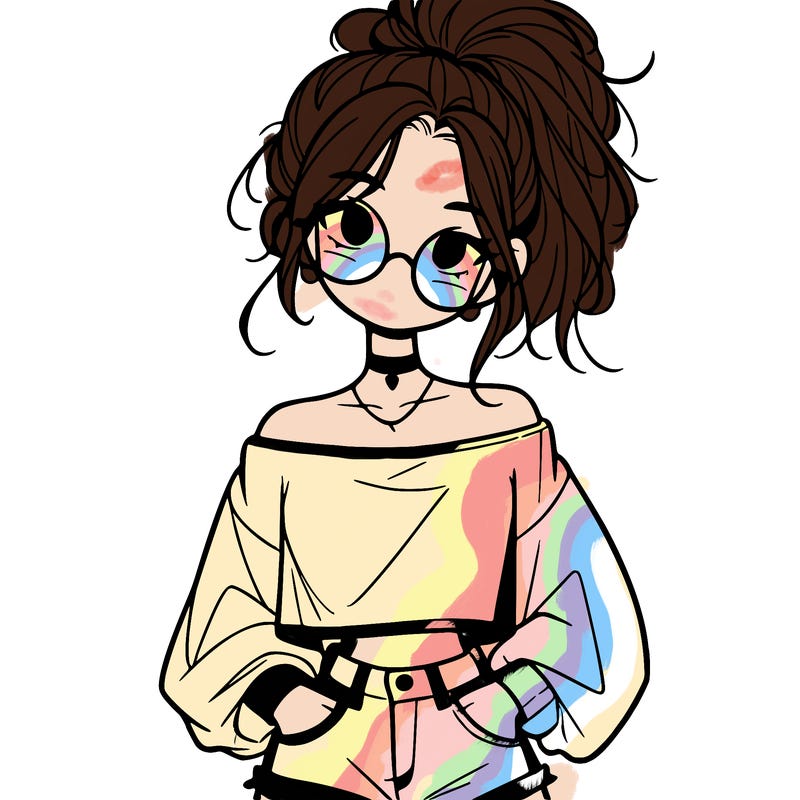 girl with a messy ponytail glasses a baggy crop top and jean shorts