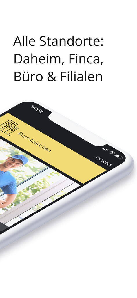 Siedle App - Siedle app en iPhone mostrando gestión remota para múltiples ubicaciones, incluyendo hogar y oficina, con transmisión de vídeo en vivo del intercomunicador