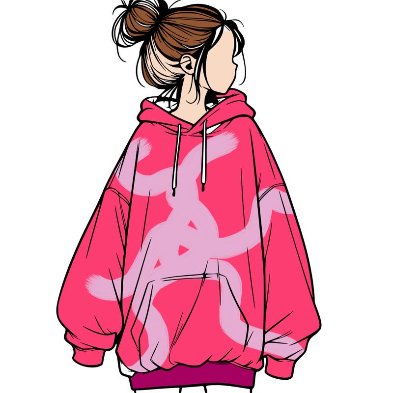 realistic girl with a oversized sweatshirt on and a bun